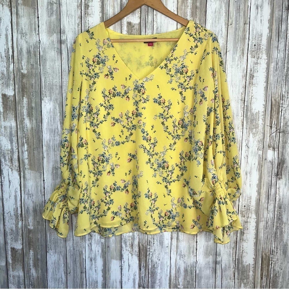 Vince Camuto Yellow Ditsy Floral Ruffle Sleeve Boho Blouse Large